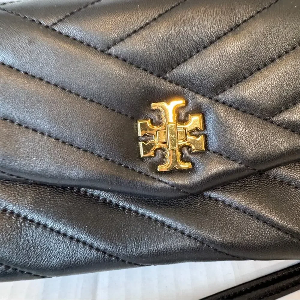 Tory Burch Black Leather Kira Quilted Crossbody Handbag Purse Gold Chain Strap